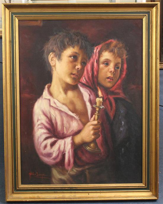 Nell Zovine Study of a girl and boy holding a candlestick, 32 x 24in.